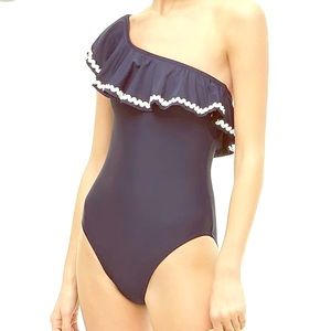J. Crew Factory One-Shoulder Ruffle One-Piece Swimsuit - Navy with White Trim